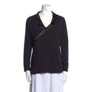 temperley london Authentic solid black satin v neck long sleeve top medium